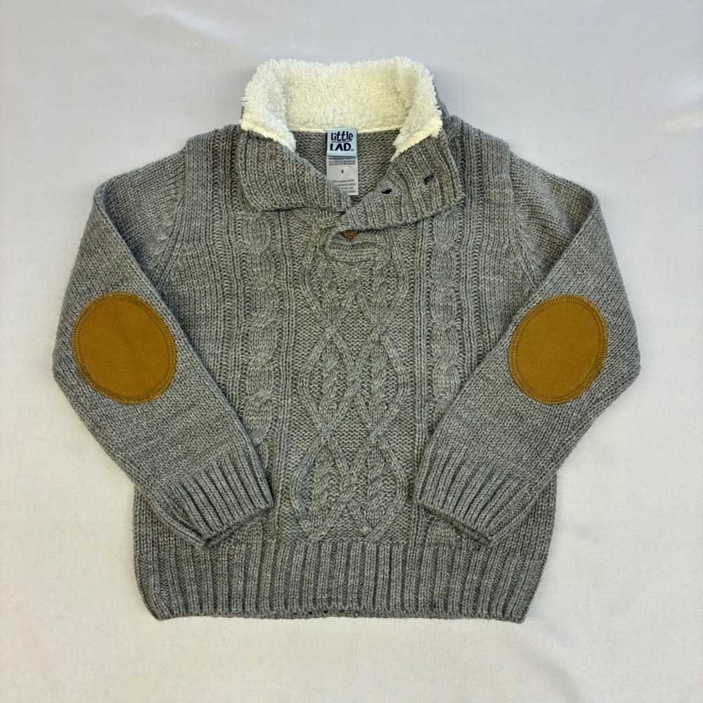 Little Lad Cable‎ Knit Sweater Boys 4 Gray Sherpa Collar Elbow Patches WMGE474D